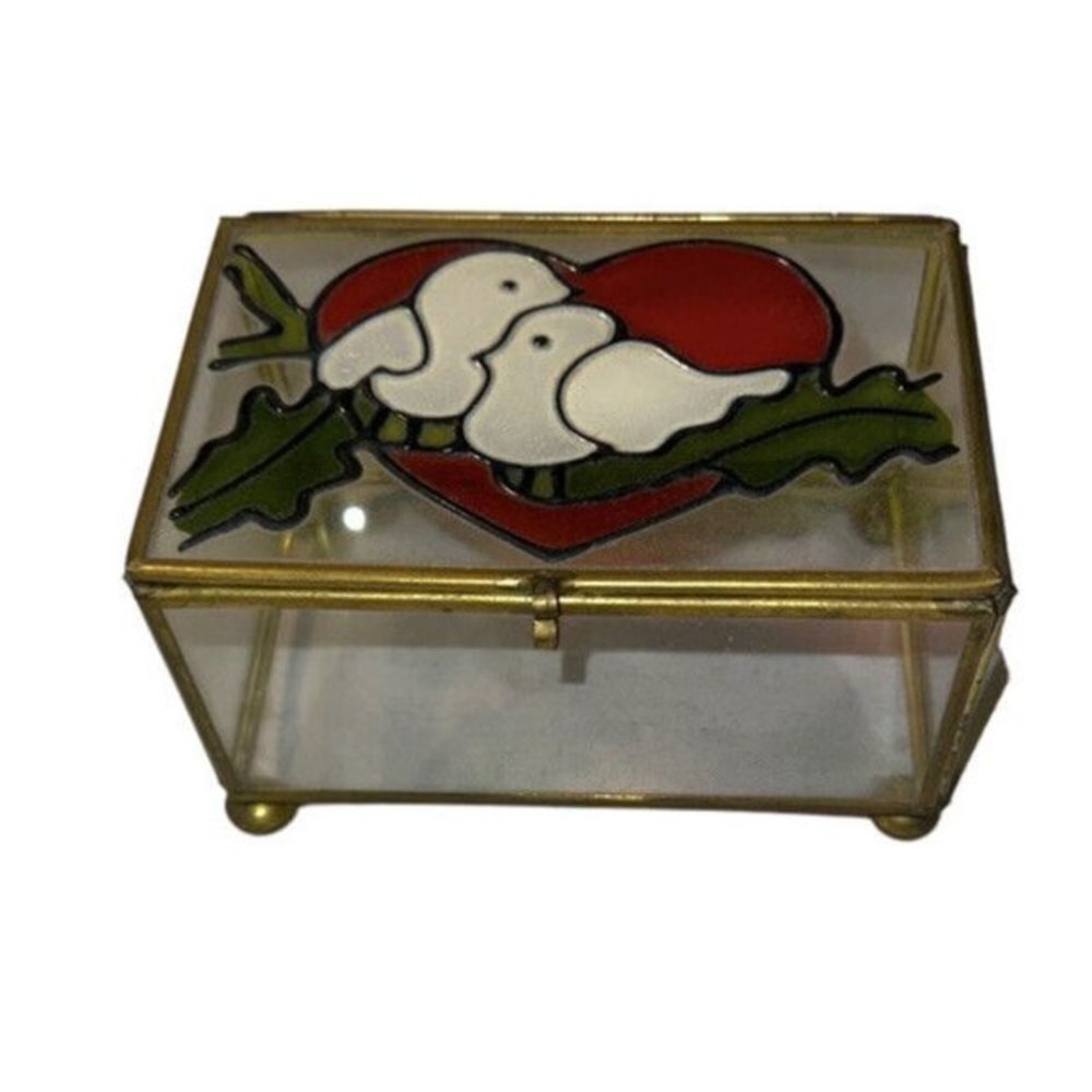 Vintage Glass Trinket Box Brass Love Bird Jewelry Box Peace